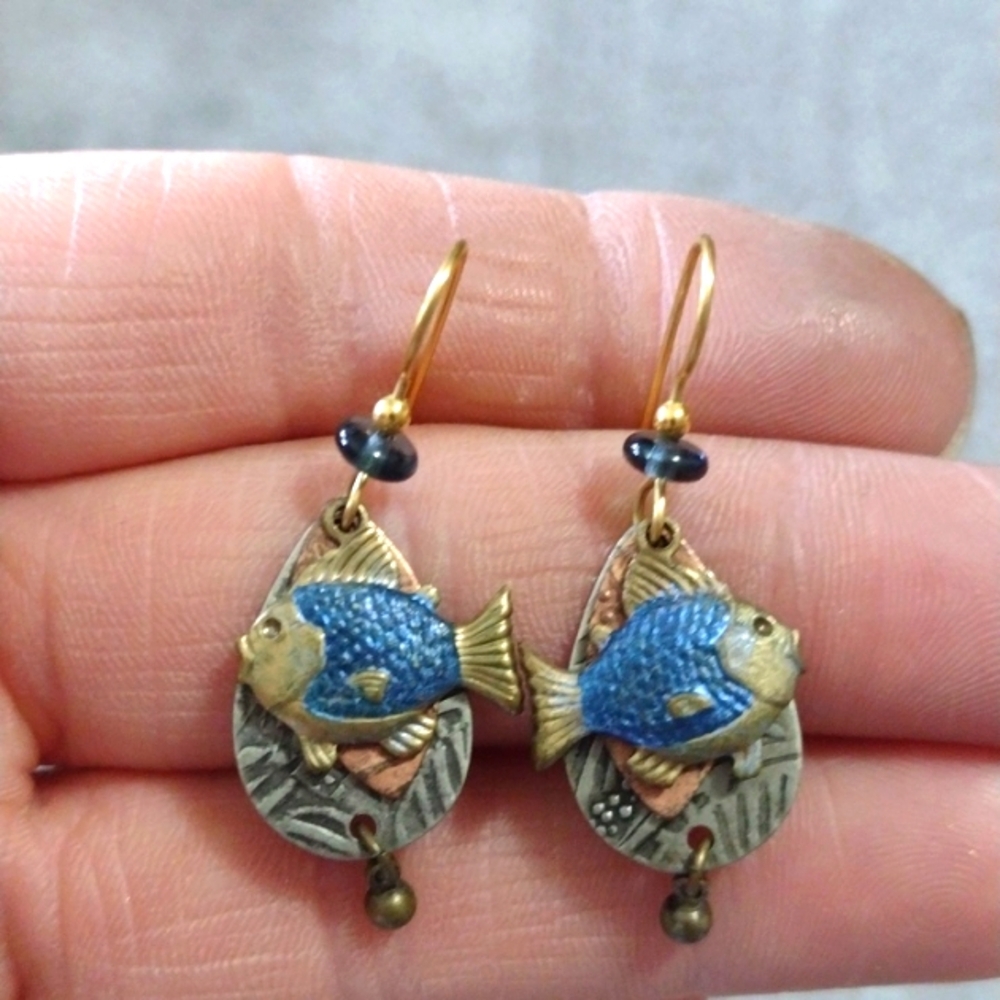 HANDCRAFTED BLUE BRASS FISH FILIGREE SILVER-TONE AND COPPER HOOK 1.4"EARRINGS